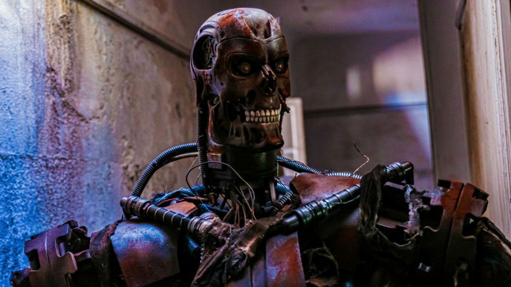 In einer Halbnahen ist ein Cyborg abgebildet. Die skelett-ähnliche Maschine blickt zur rechten Seite des Bildes.
