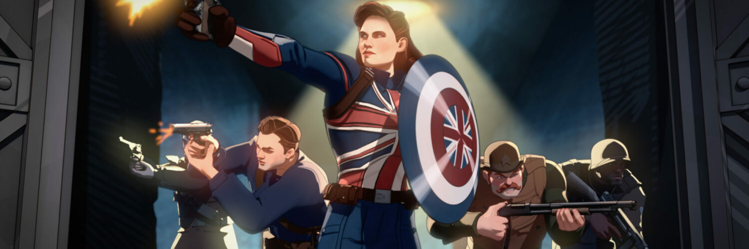 Ein Szenenbild aus der Zeichentrickserie What If...? zeigt eine weibliche Superheldin mit Schild und Feuerwaffe vor einigen Männern, die ebenfalls bewaffnet sind.