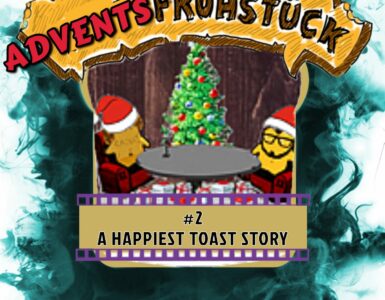 Unsere zwei Weihnachtstoasts Patrick und Chrischi beim 2. Adventsfrühstück 2022 Podcast. Die beiden sind auf dem Bild als Toastbrote mit Weihnachtsmützen dargestellt, die auf zwei roten Sesseln an einem grauen Tisch vor einem bunt geschmückten Weihnachtsbaum sitzen.
