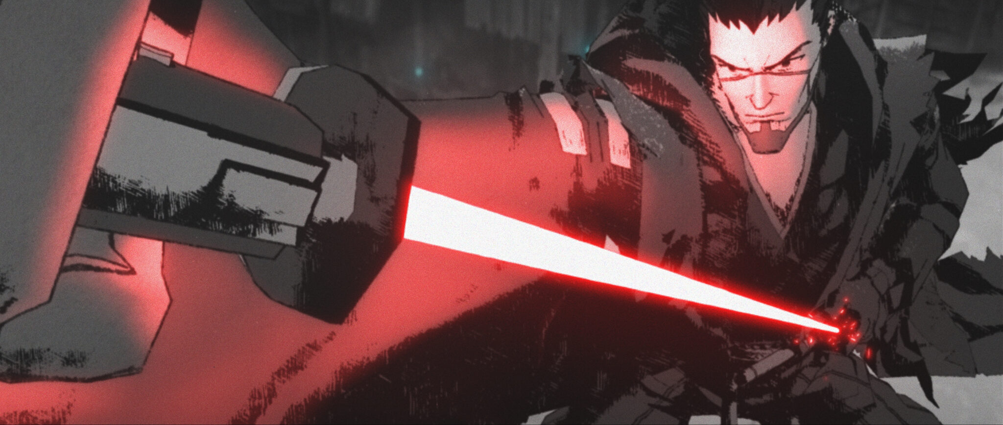 Eine Zeichnung eines Sith mit rotem Lichtschwert.