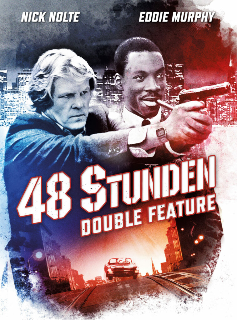 Das deutsche Cover vom 48 Stunden-Double Feature zeigt die beiden Protagonisten von "Und wieder 48 Stunden". Nick Nolte zielt dabei mit einer Waffe, während Eddie Murphy daneben steht und Zigarre raucht. Das Cover ist in blau/rot gehalten. Unter der mittig geführten Aufschrift ist der Wagen von Nick Noltes Figur zu sehen.