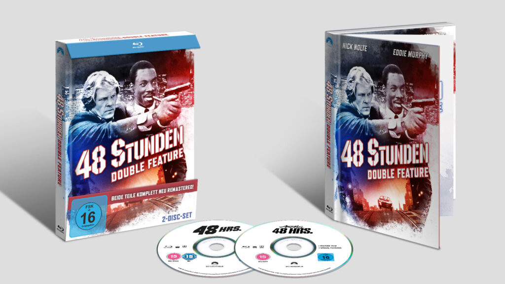 Das Mediabook zum 48 Stunden-Double Feature mit den beiden Filme "Nur 48 Stunden" und "Und wieder 48 Stunden" ist in rot/blau gehalten. Auf dem Bild sieht man die Sonderedition zweimal. Links mit Verpackung und recht ausgepackt. Zwischen diesen beiden liegen die schlicht in weiß mit schwarzer Aufschrift gehaltenen Blu-ray-Discs.