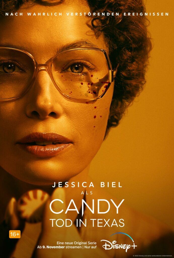Titelposter der Serie mit Jessica Biel als Candy im Porträt. Sie hat Blutspritzer auf der Haut und hält einen Bonbon vor sich. 