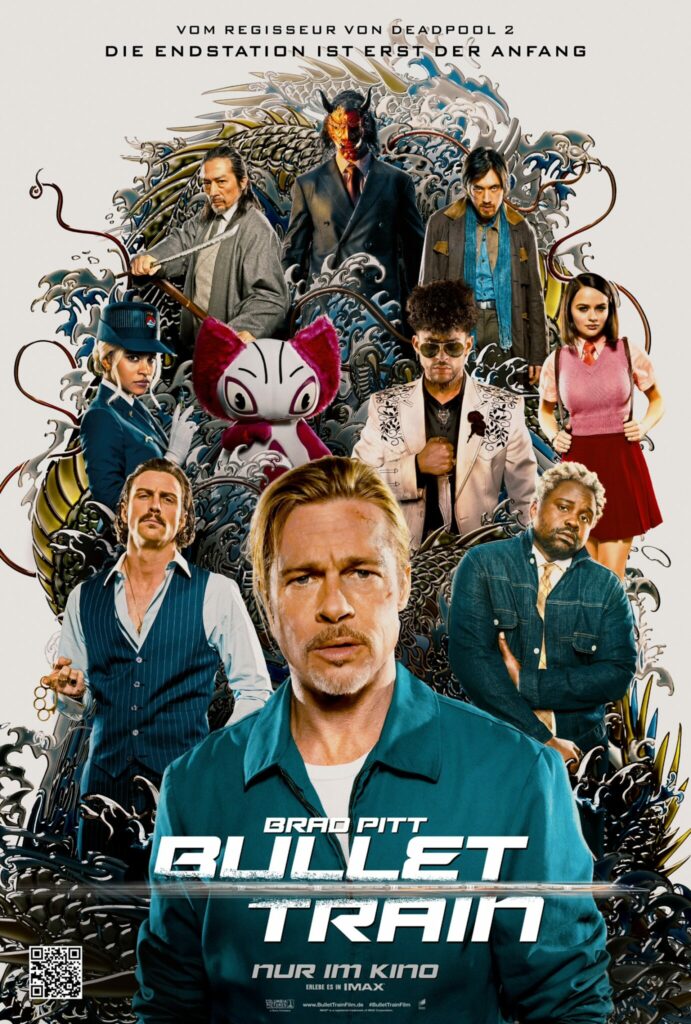Auf dem Kinoplakat zum Film Bullet Train steht vorne Brad Pitt, dahinter als Pyramide weitere Darsteller wie Aaron Taylor-Johnson