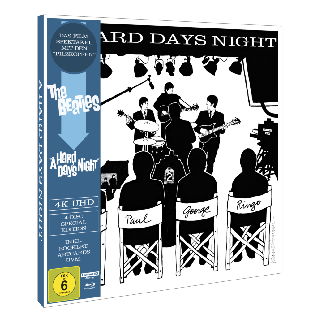 Auf dem Cover der neuen 4K-UHD-Blu-ray von A Hard Day's Night sieht man die Band The Beatles gezeichnet. Diese steht auf der Bühne im Bildhintergrund, während auf Regiestühlen die Namen der vier Beatles stehen und diese dort mit ihren typischen Pilzkopffrisuren sitzen.