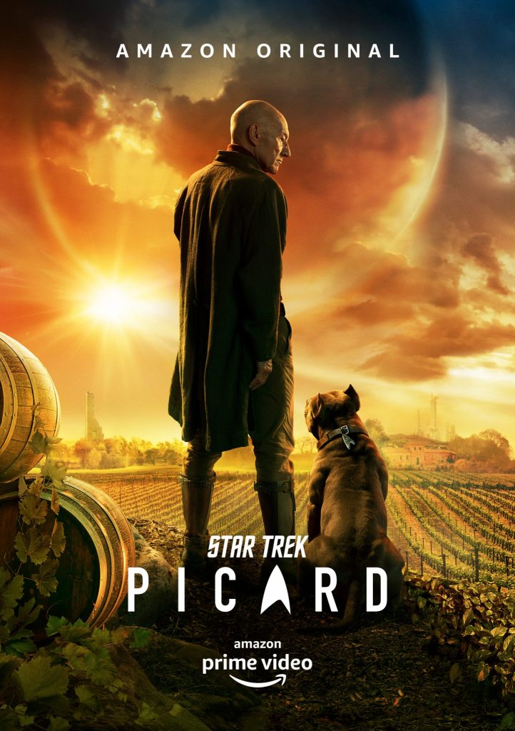 Das offizielle Plakat zur Star Trek Serie Picard mit Patrick Stewart in der Mitte und einem Hund an seiner Seite