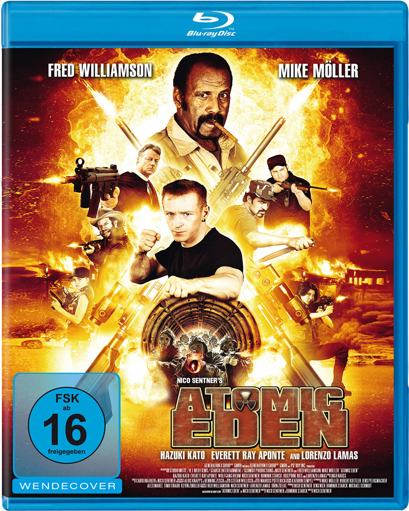 Die Helden um Fred Williamson und Mike Möller sind vor dem Hintergrund einer strahlenden Explosion auf dem Cover von Atomic Eden abgebildet.