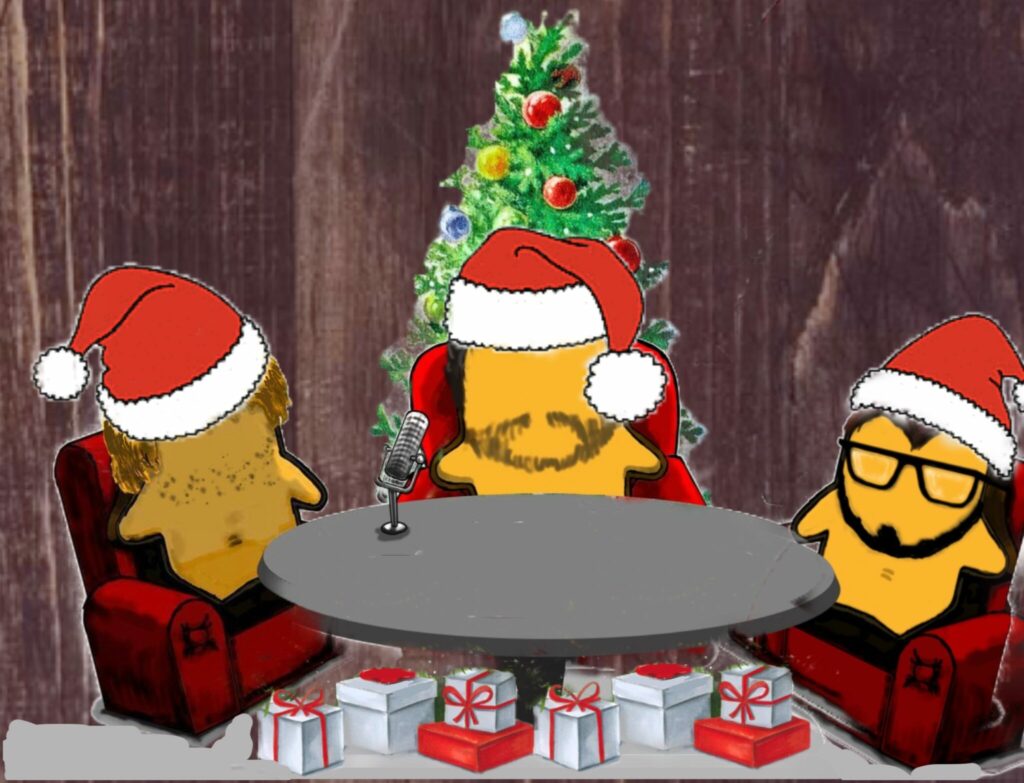 Unsere drei Weihnachtstoasts Patrick, Chrischi und Simon beim 2. Adventsfrühstück 2021 Podcast. Die drei sind auf dem Bild als Toastbrote mit Weihnachtsmützen dargestellt, die auf drei roten Sesseln an einem grauen Tisch vor einem bunt geschmückten Weihnachtsbaum sitzen.