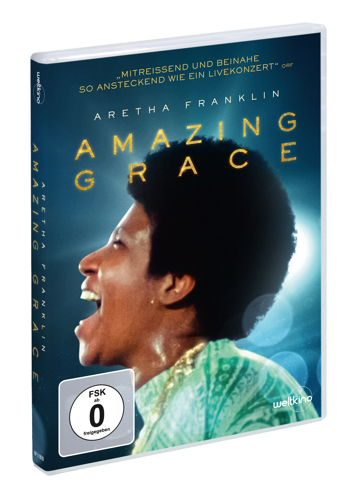 Auf dem Cover der DVD zu Aretha Franklin: Amazing Grace ist die Soulsängerin in grün-weißem Gewand inbrünstig singend zu sehen.