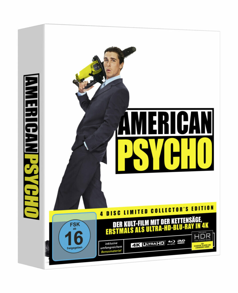 Patrick Bateman steht auf dem Cover von American Psycho mit einer Säge. Dies ist die neue 4 Disc Collector's Limited Edition von American Psycho.