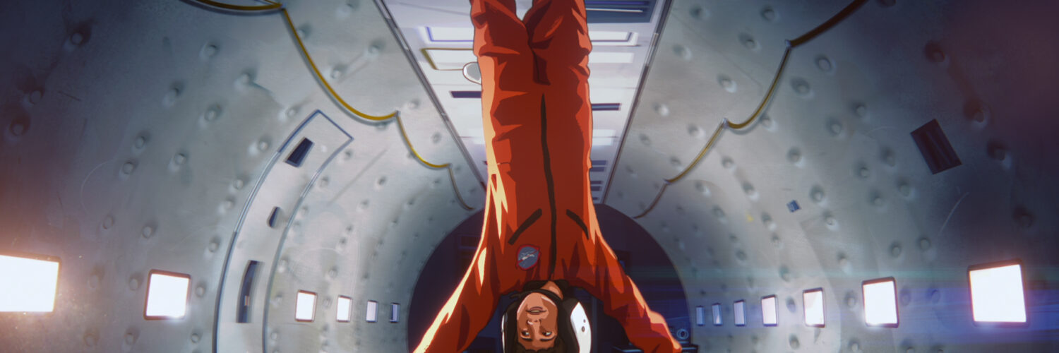 Ein Astronaut kopfüber in voller Montur innerhalb eines Raumschiffs schwebend.