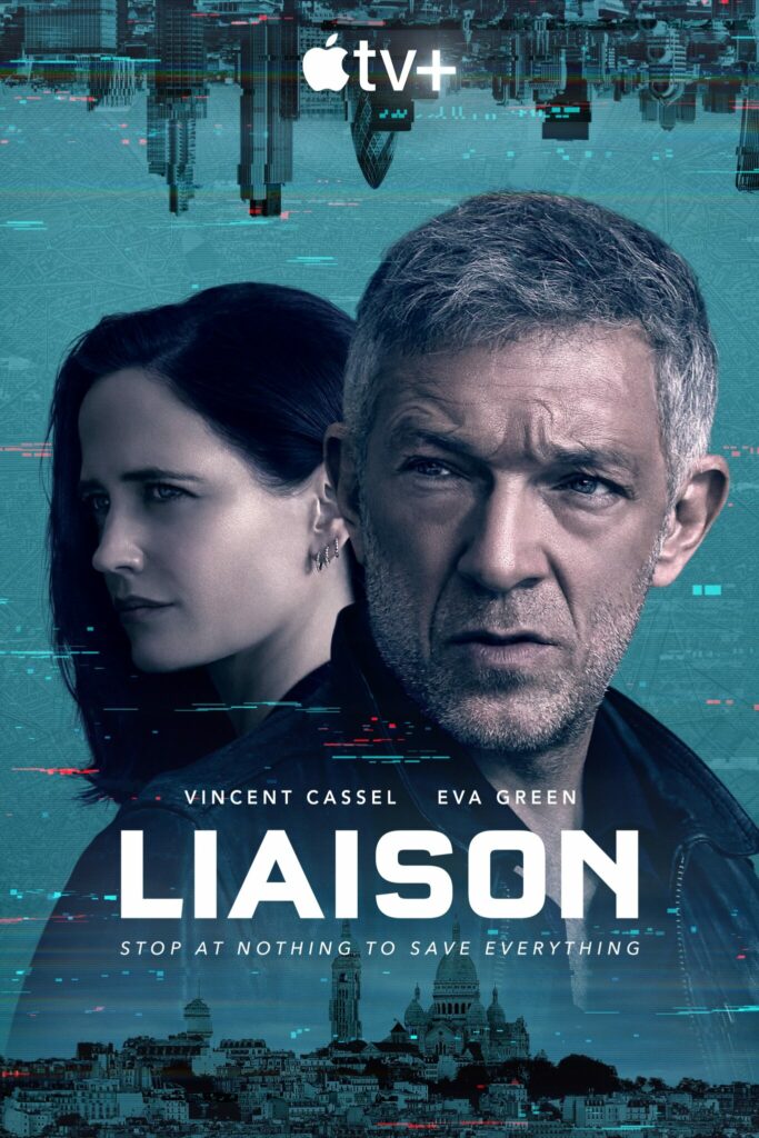 Zentral steht der Name der Serie "Liaison" geschrieben. Darüber sind die Gesichter von Gabriel und Alison eingefügt. Beide sind einander abgewandt, blicken jedoch in die gleiche Richtung. 