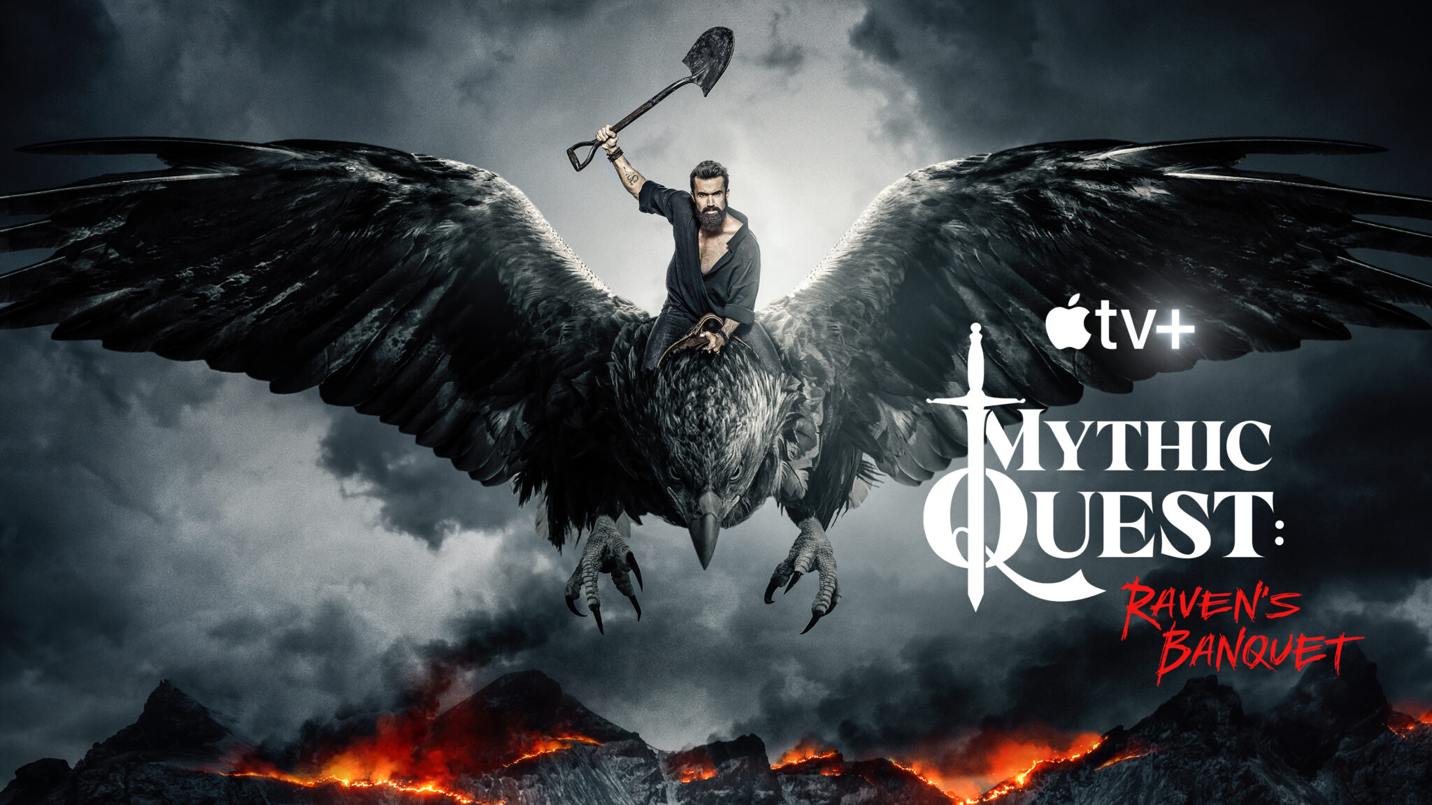 Das Banner zu Mythic Quest zeigt einen Mann auf einem riesigen Raben fliegend