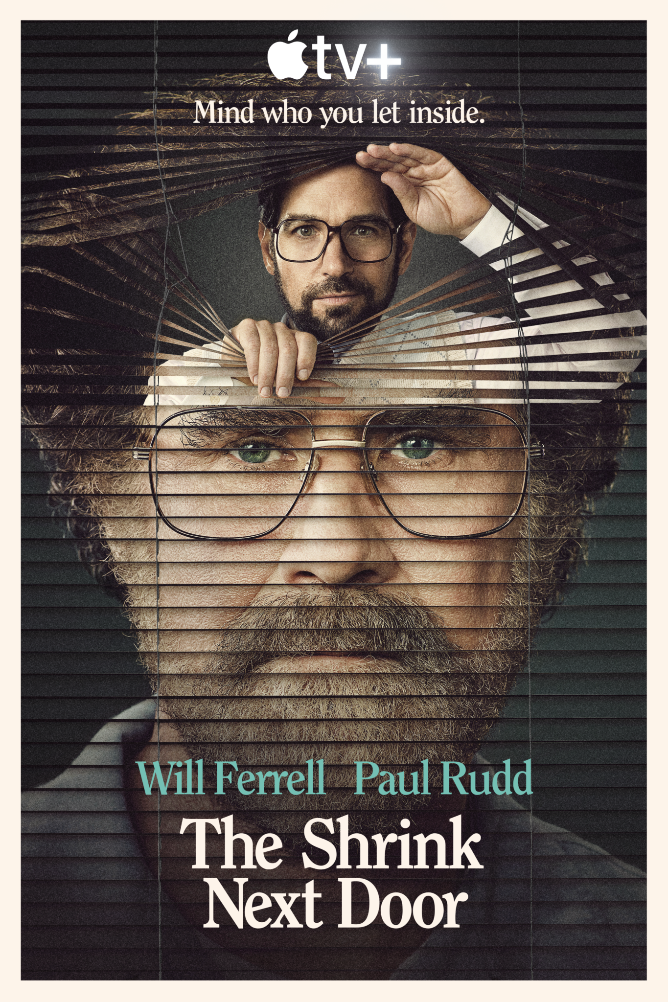 Das englischsprachige Plakat zur Serie zeigt den Kopf von Will Ferrell auf Gardinen aufgedruckt und im oberen Drittel Paul Rudd, der durch diese Gardine in Richtung Betrachter schaut. Der Therapeut von nebenan.