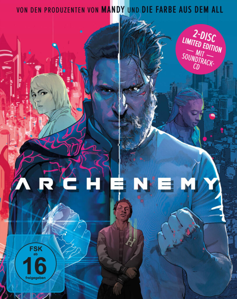 Held Max Fist ist mit einer rosanen und einer lilanen Hälfte auf dem Cover von Archenemy zu sehen, an je einer Seite die Drogendealerin Indigo, auf einer seine Nemesis Cleo, und vor ihm der junge Reporter Hamster.