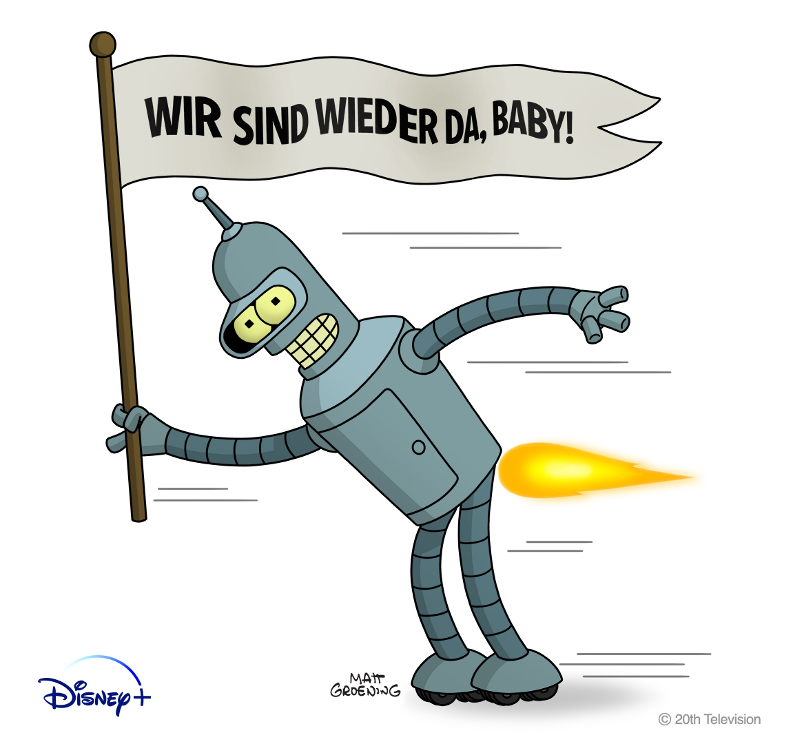 Bender rast mit einer Stichflamme aus dem Hintern und einem Wimpel, auf dem "Wir sind wieder da, Baby" steht, grinsend durchs Bild - Futurama Staffel 11