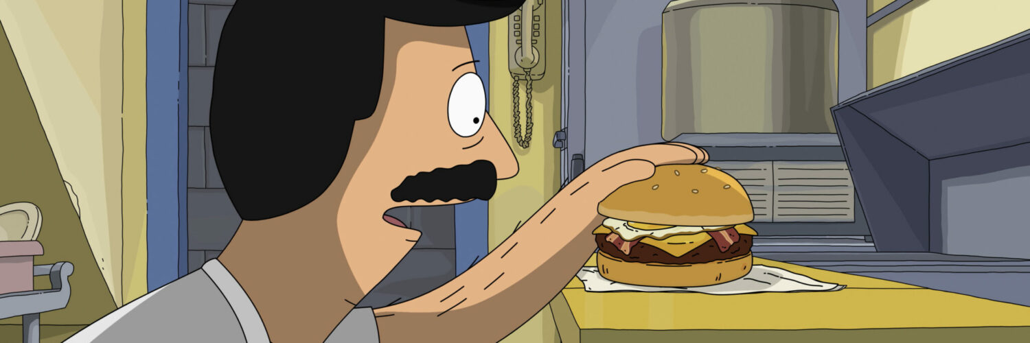 Ein gezeichneter Mann greift nach einem Burger auf einer Anrichte.