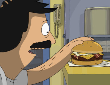Ein gezeichneter Mann greift nach einem Burger auf einer Anrichte.
