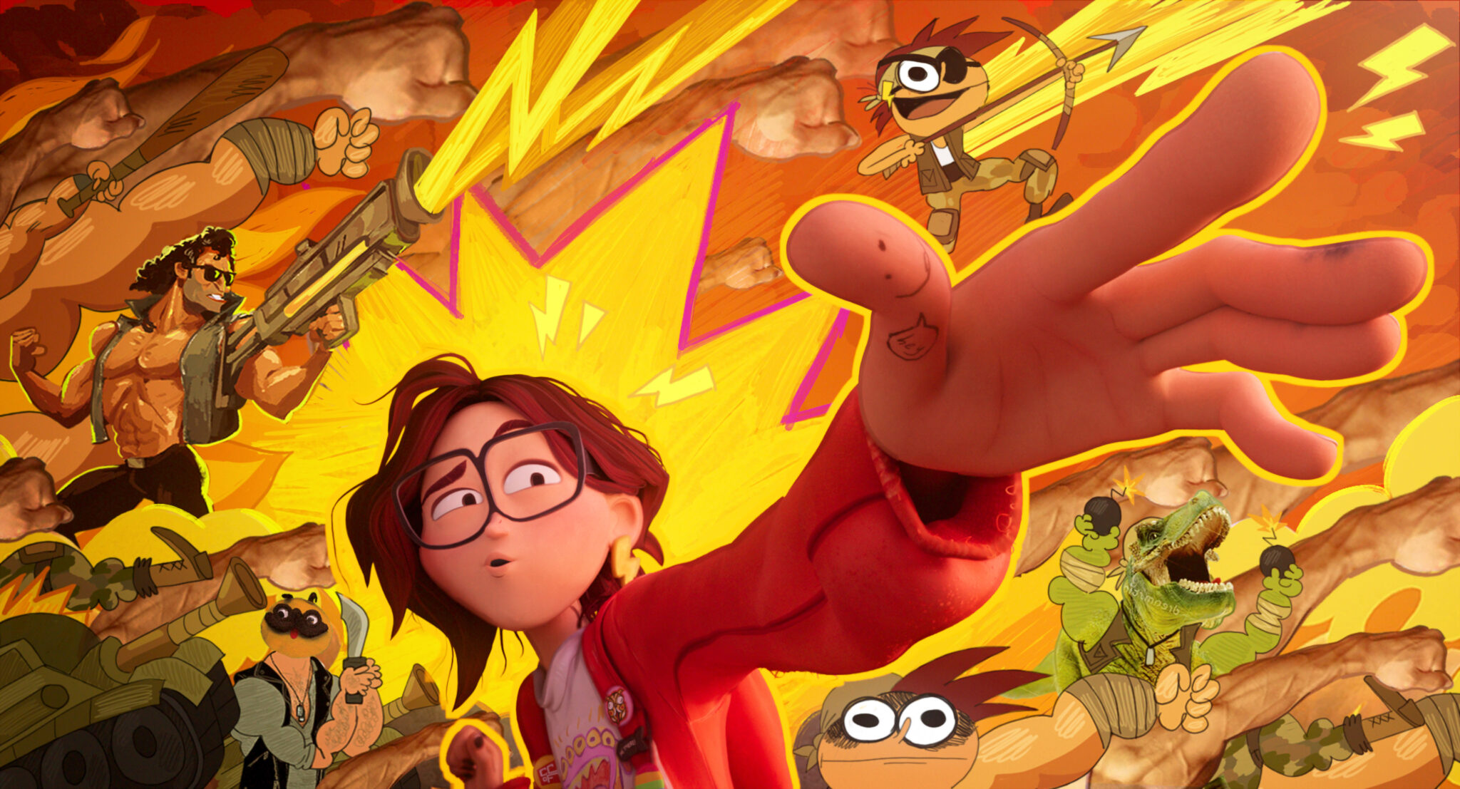 Katie Mitchell steht mit ausgestrecktem Arm vor einem Comichintergrund. Die Farben Orange und Gelb dominieren im Hintergrund, wo man einige Comicfiguren sieht.