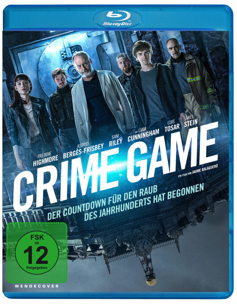 Das deutsche Blu-ray Cover zu "Crime Game) zeigt die sechsköpfige Crew. Links Astrid Bergès-Frisbey, daneben Liam Cunningham und Freddie Highmore. Im Hintergrund sind außerdem Sam Riley, Luis Tosar und Axel Stein zu erkennen.