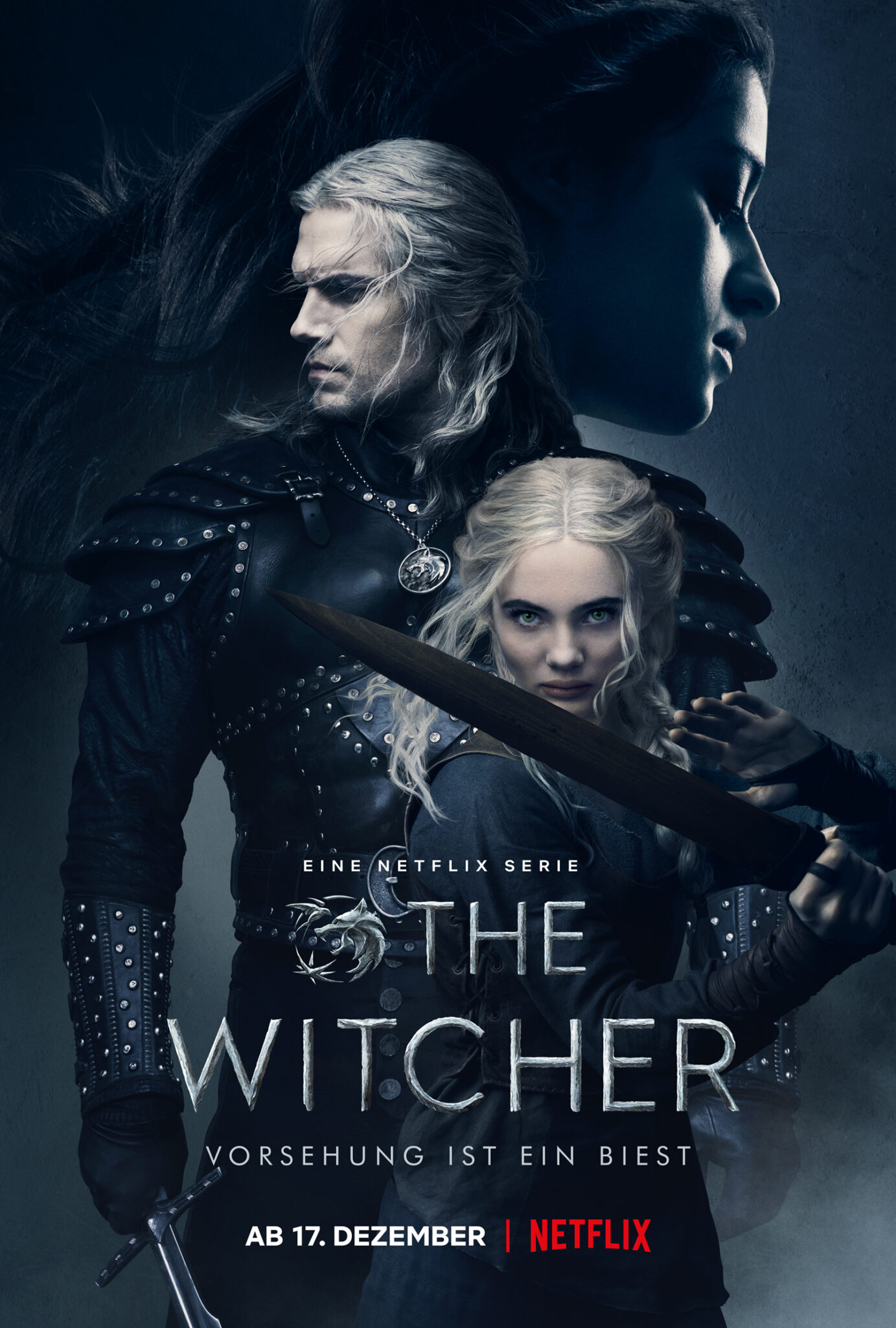 Das deutsche Plakat zur zweiten Staffel von The Witcher zeigt die drei Hauptfiguren, Yennefer, Geralt und Ciri.
