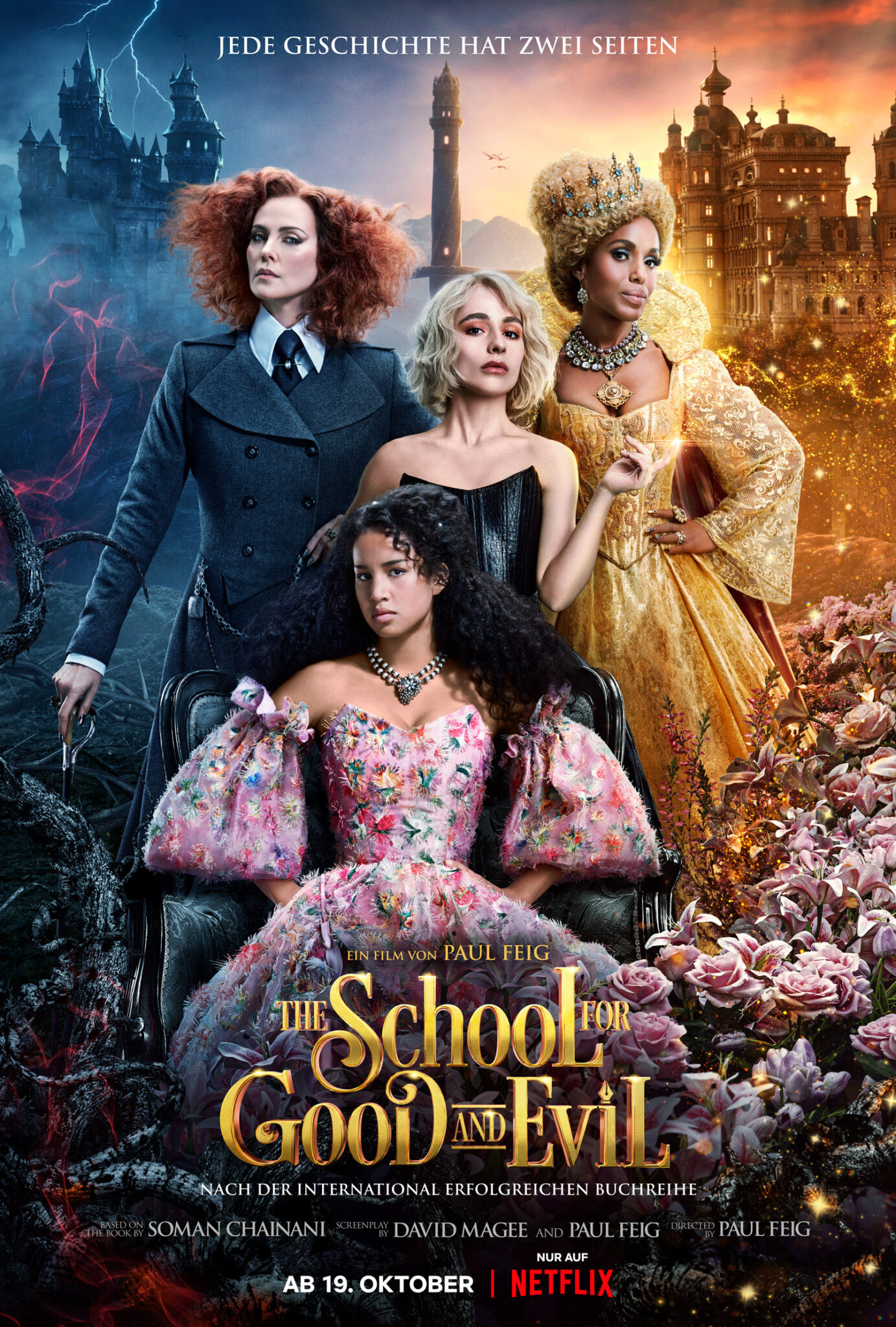 Das Poster zu The School for Good and Evil zeigt vier Frauenfiguren in bunten Kleidern.
