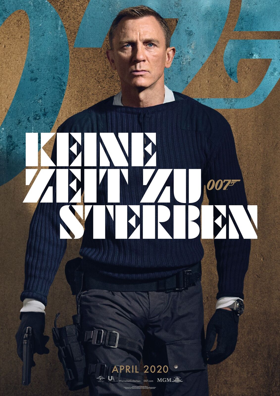 Auf dem Plakat von James Bond - No Time To Die ist Daniel Craig zu sehen, wie er bewaffnet läuft