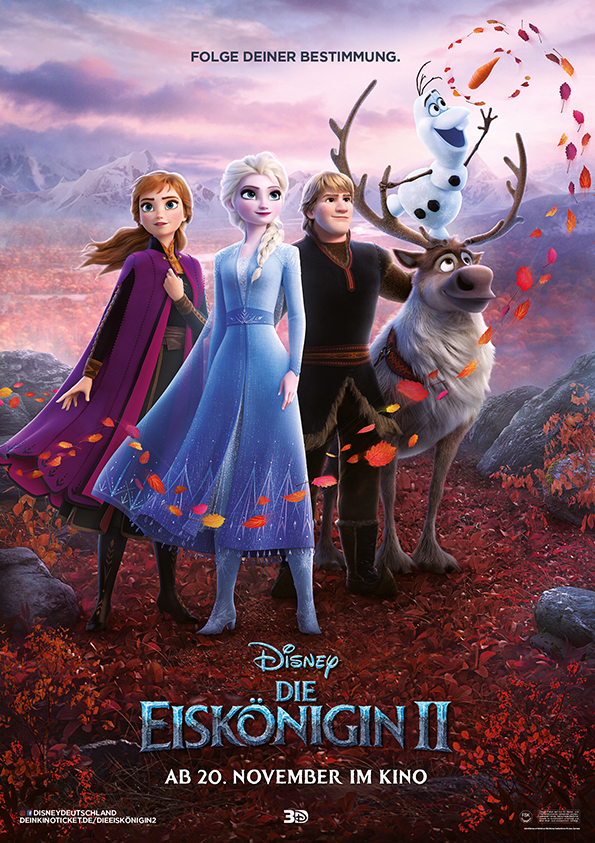 Das Kinoplakat von Die Eiskönigin 2 mit Anna, Elsa, Kristoff, Olaf und Sven