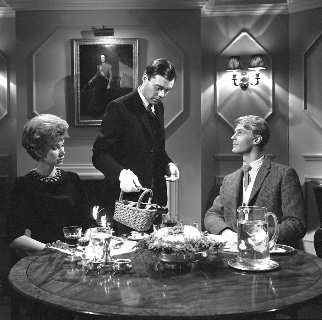 Während Hugo, gespielt von Dirk Bogarde, am Tisch Wein einschenkt, wird er von Tony, gespielt von James Fox, freundlich, von Susan, gespielt von Wendy Craig, aber misstrauisch beobachtet. 