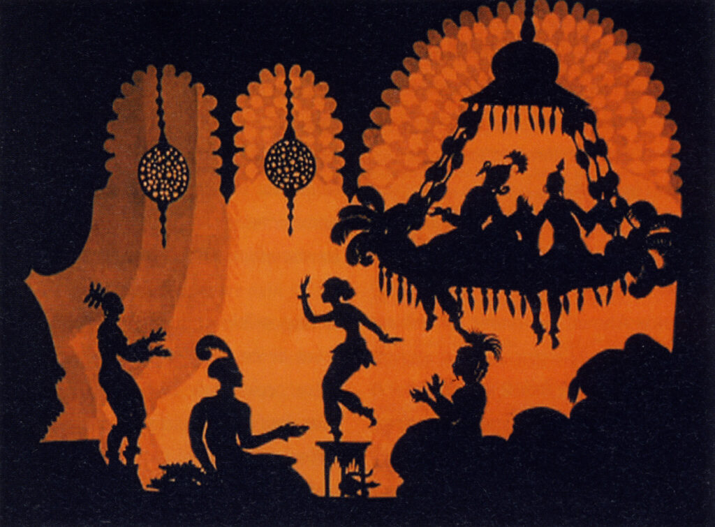 Die Schattenkulisse zeigt den Prinzen Achmed in einem Palast, um ihn herum diverse tanzende Frauen.
