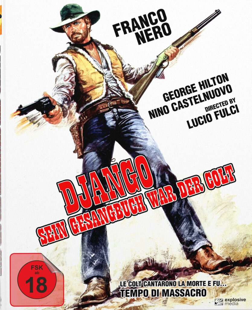Das Cover der Limited Edition von Django - Sein Gesangbuch war der Tod, die 2020 erschien, zeigt Franco Nero als Tom aka Django mit gezogenem Colt in der rechten und einem Gewehr in der linken Hand.
