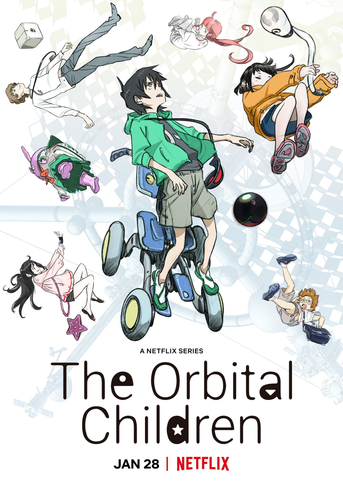 Das Poster zur Animosere The Orbital children zeigt vor weißem Hintergrund einige Figuren schwebend.