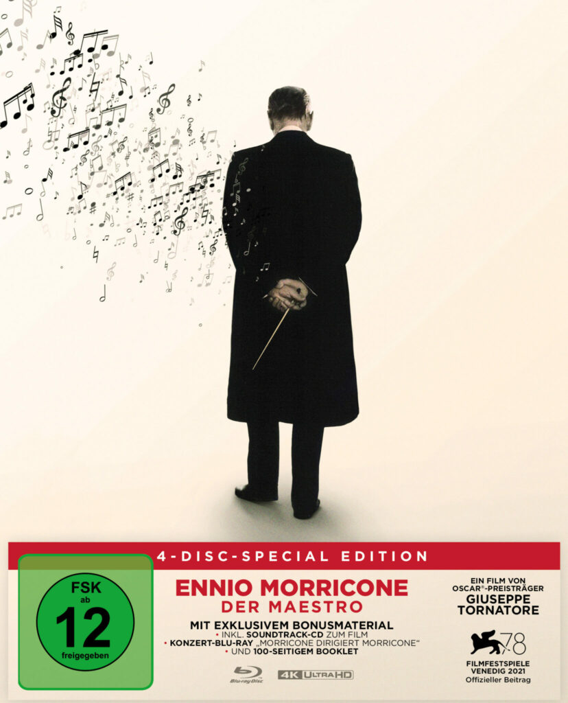 Das Cover der 4-Disc-Special-Edition von Ennio Morricone - Der Maestro zeigt den Komponisten von hinten mit hinter dem Rücken verschränkten Armen, in den Händen hält er einen Taktstock.