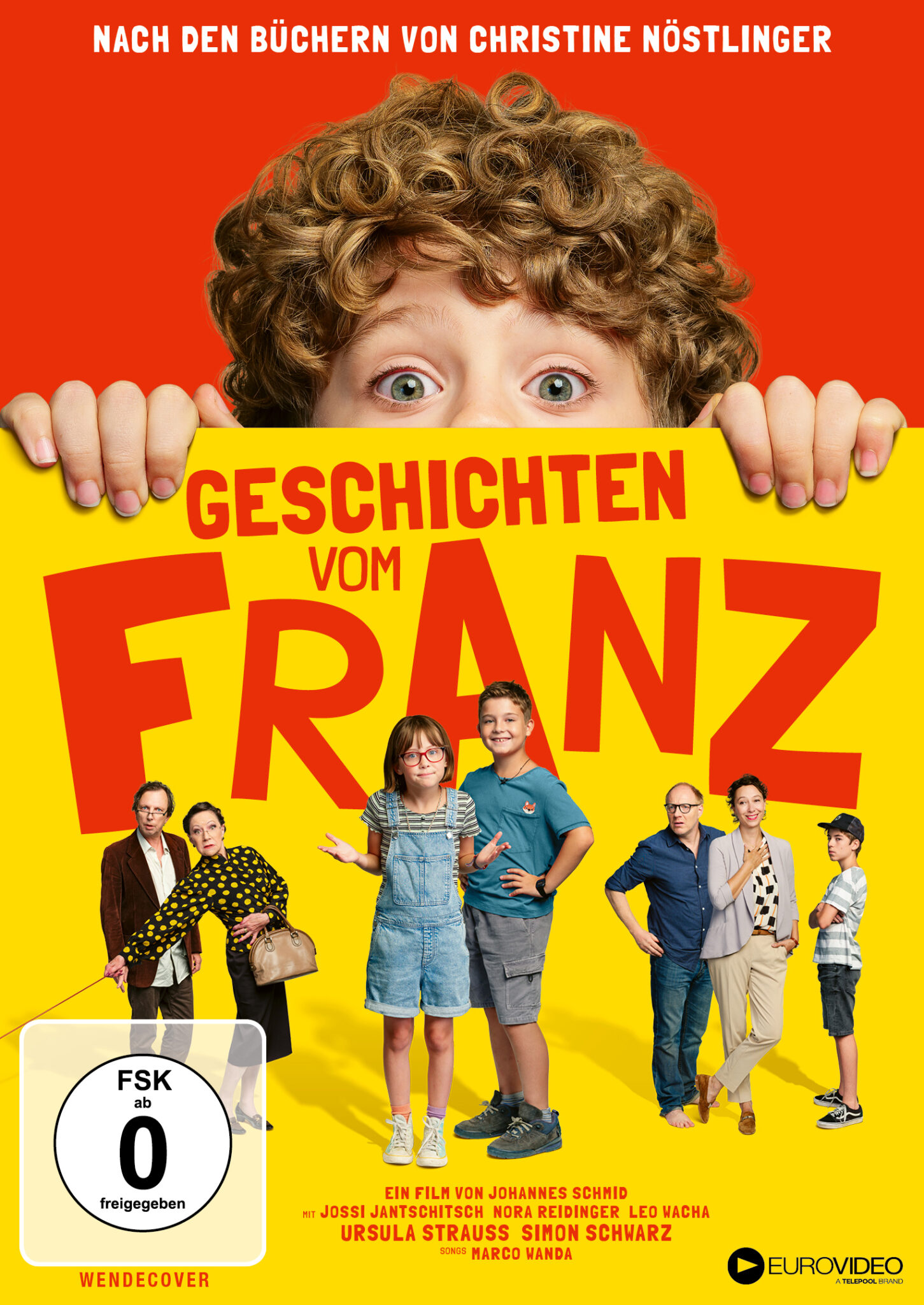 Der kleine Franz blickt hinter dem Filmtitel hervor. Seine Freunde und Eltern stehen im unteren Bildrand. | Geschichten vom Franz.