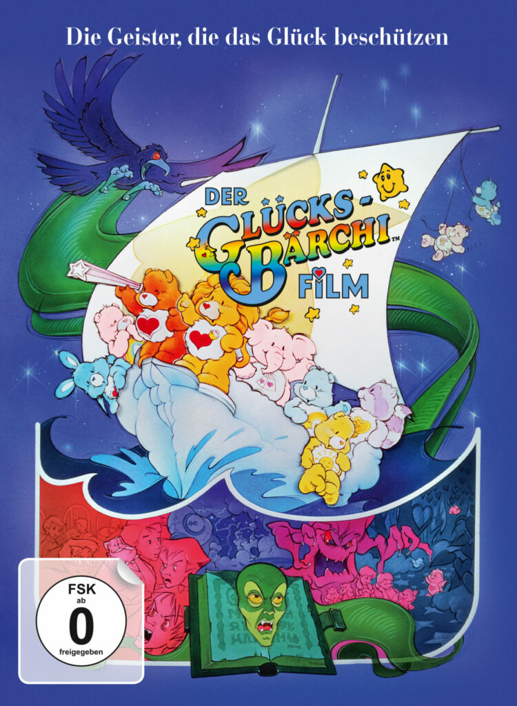 Auf dem Cover zu Der Glücksbärchi-Film sind mehrere Glücksbärchi sowie weiteren Figuren des Films zu sehen. 