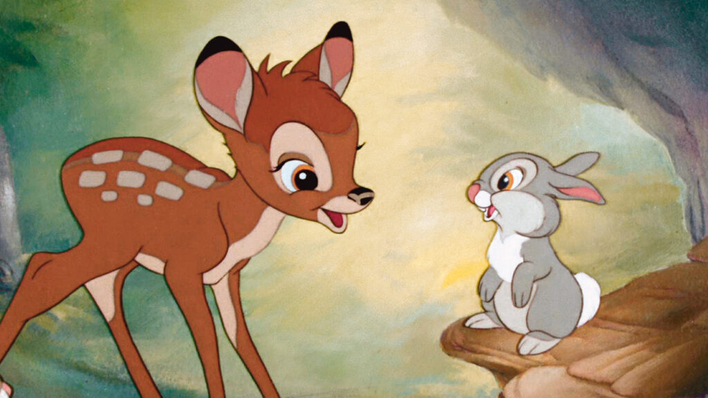 Bambi betrachtet neugierig den kleinen Hasen Klopfer - Filme von Disney.