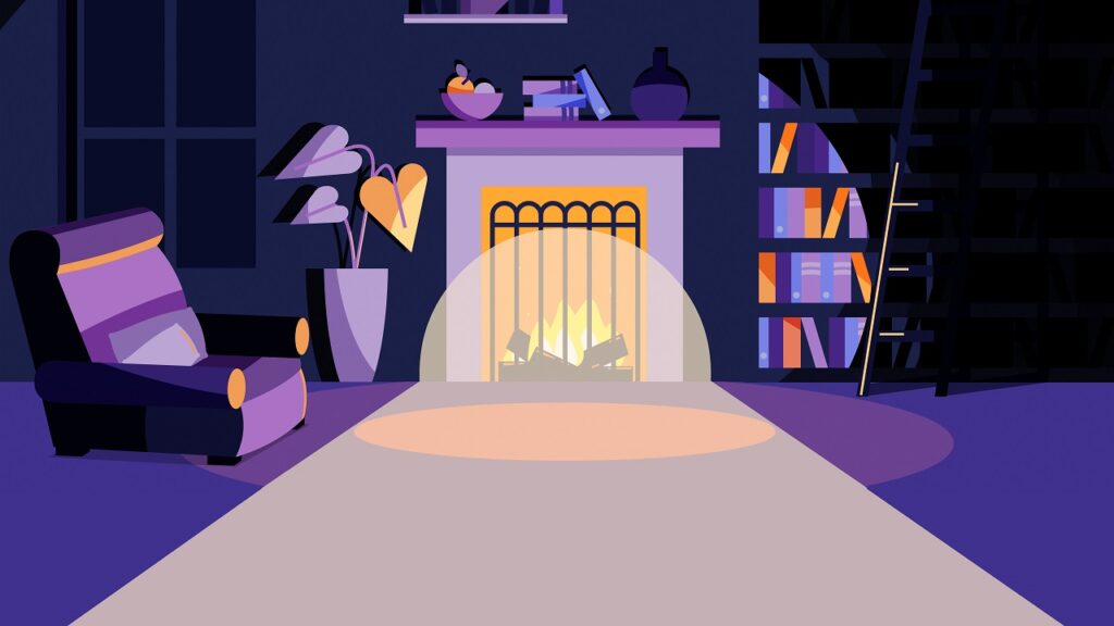 Ein gezeichnetes, in lila gehaltenes Wohnzimmer mit Sessel, Kamin und Bücherregal - Neu auf Netflix im Juni 2021