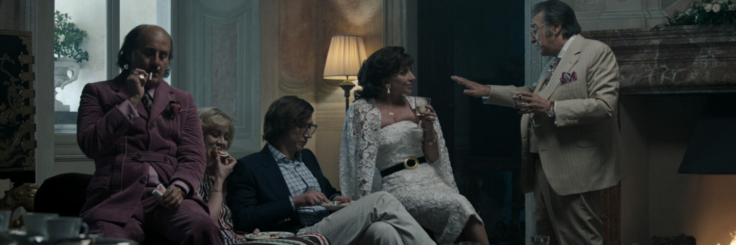 (l-r.) Jared Leto stars as Paolo Gucci, Florence Andrews as Jenny Gucci, Adam Driver as Maurizio Gucci, Lady Gaga as Patrizia Reggiani and Al Pacino as Aldo Gucci in Ridley Scott’s HOUSE OF GUCCI A Metro Goldwyn Mayer Pictures film Photo credit: Courtesy of Metro Goldwyn Mayer Pictures Inc. © 2021 Metro-Goldwyn-Mayer Pictures Inc. All Rights Reserved.