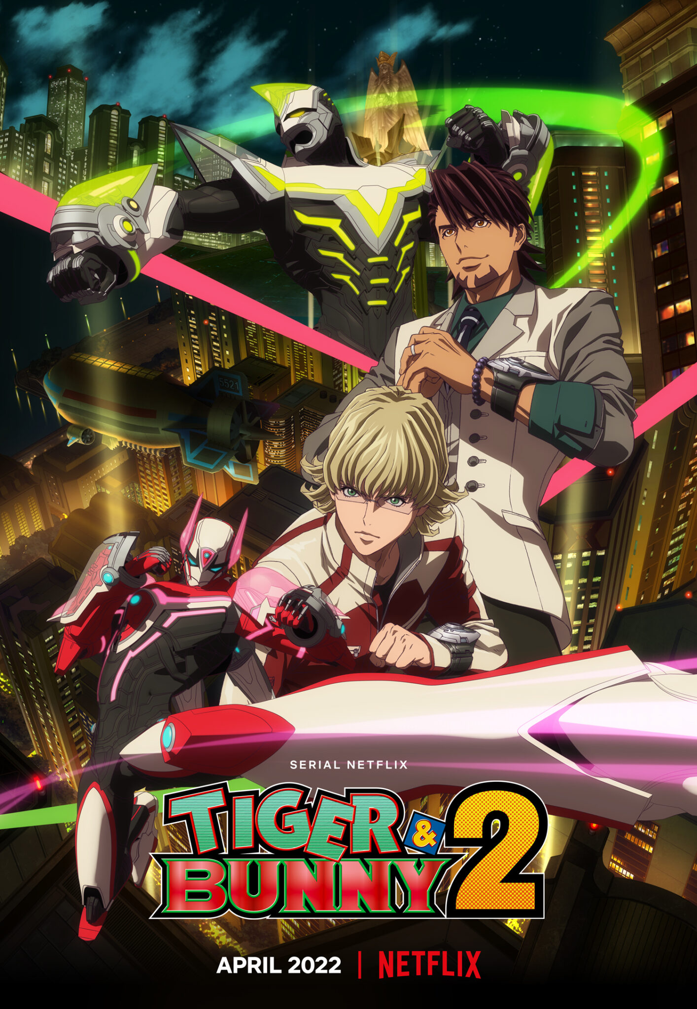 Das Plakat zum Anime Tiger and Bunny zeigt zwei Menschen und zwei große Roboter vor einer nächtlichen Skyline.