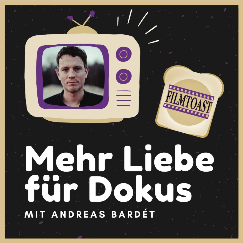 Ein gemalter Fernseher mit einem Bild von Andreas Bardét und dem Titel der Folge Mehr Liebe für Dokus