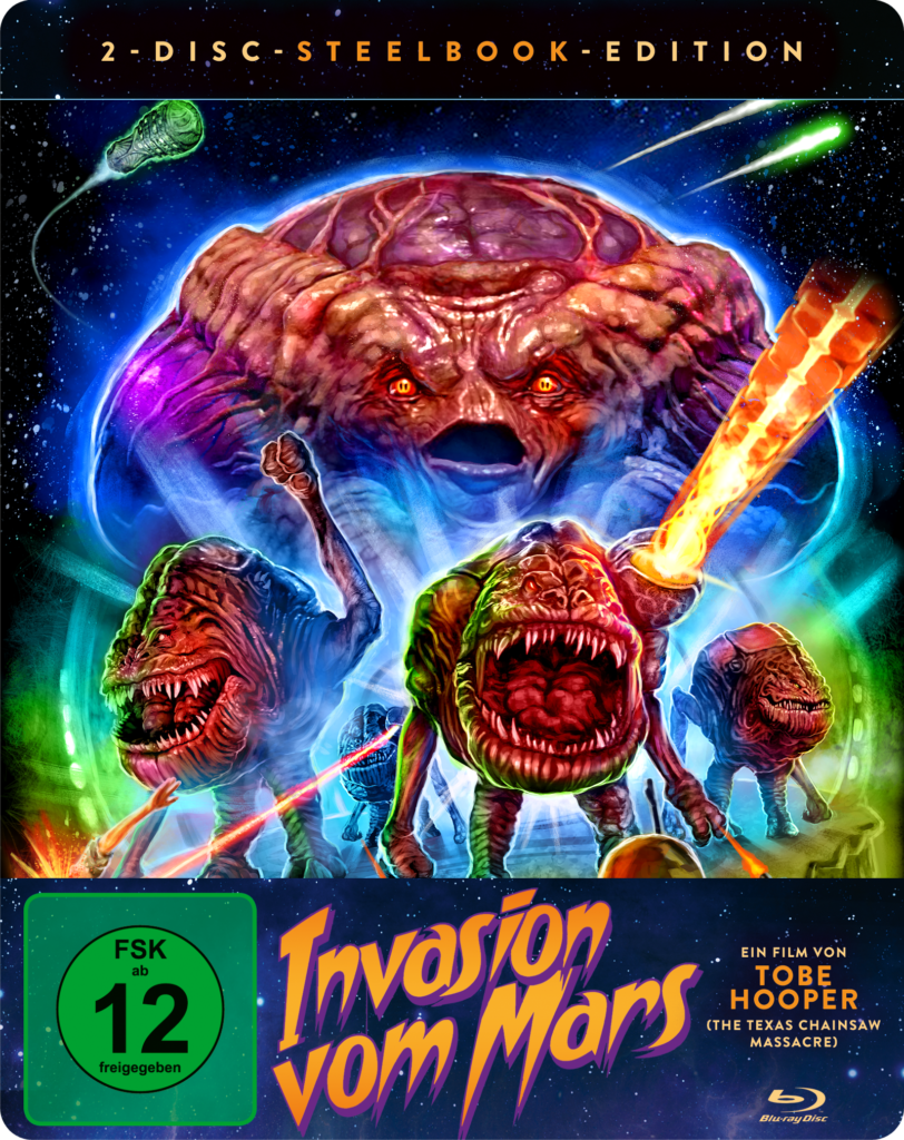 Eklige Aliens in knalligen Farben auf dem Cover von Invasion vom Mars.
