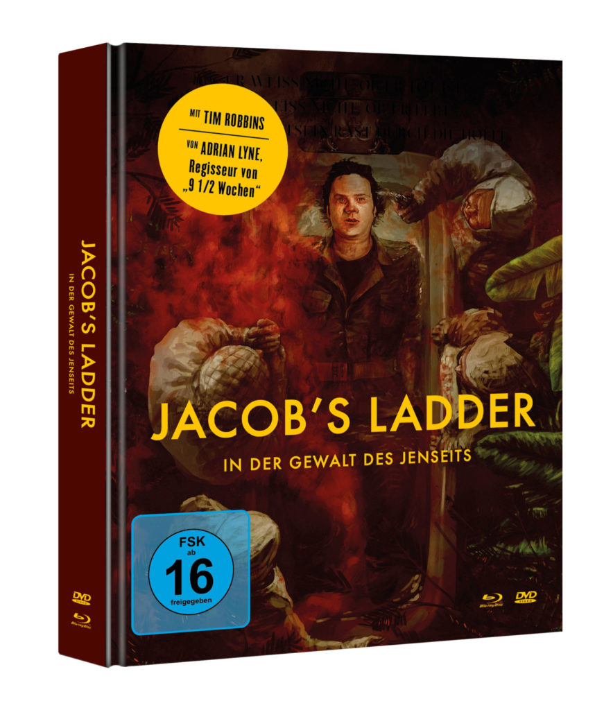 Auf dem Cover des Mediabooks von Jacob's Ladder - In der Gewalt des Jenseits liegt Jacob (Tim Robbins) verängstigt auf einem OP Tisch, wähend um ihn blutverschmierte Chirurgen stehen