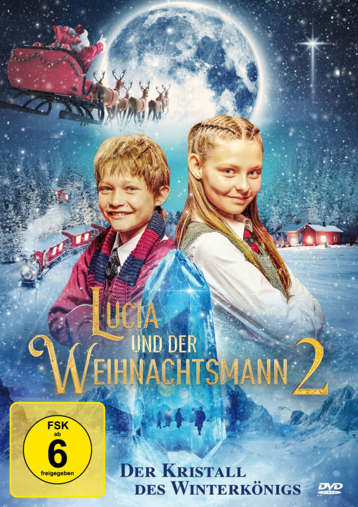 Oscar und Lucia sind auf dem Cover von Lucia und der Weihnachtsmann 2 zu sehen, im Hintergrund der Mond, der Nachthimmel, die verschneite Stadt und der Schlitten vom Weihnachtsmann.