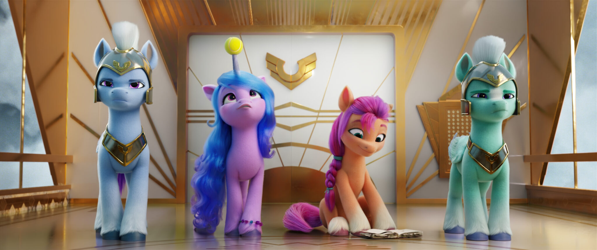 Vier bunte, animierte Ponys aus dem Animationsfilm My Little Pony