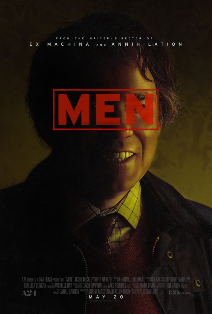 Ein fies grinsender Mann mit Krawatte ist auf dem Poster zu Men zu sehen, der Titel verdeckt seine Augen