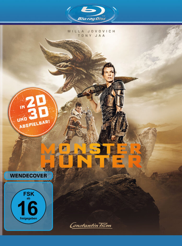 Das deutsche Cover von "Monster Hunter" zeigt Hauptdarstellerin Milla Jovovich in Rüstung und mit einer Art Schwert in ihrer rechten Art, welches sie über ihrer Schulter abstützt. Im Hintergrund sind Co-Star Tony Jaa und ein riesiges Monster mit zwei Hörnern zu erkennen. Darüber hinaus sieht der Hintergrund blass und staubig aus.