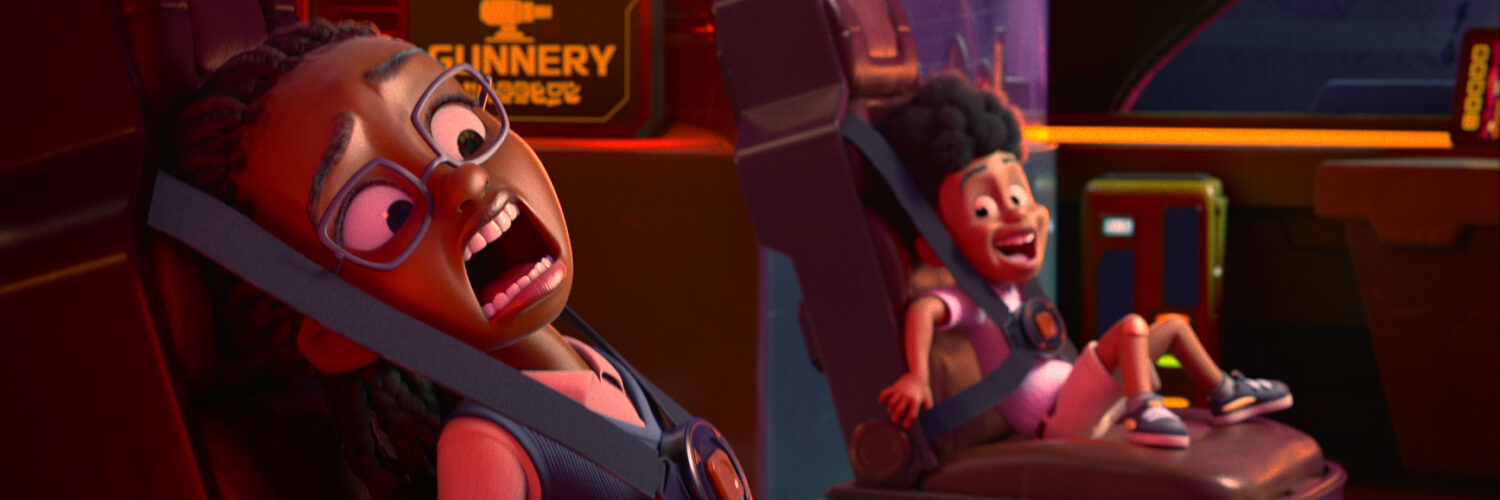 Zwei Kinder in einer Animationsserie in einem Fahrerraum jeweils angeschnallt auf ihren Sitzen mit panischen Ausdrücken