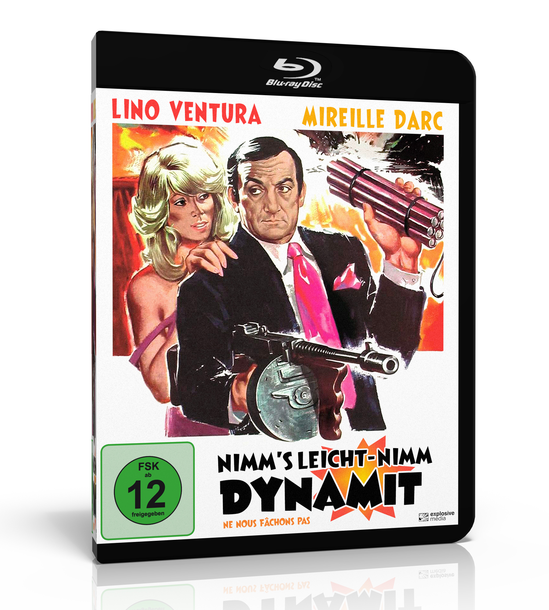 Das Cover der Blu-ray zu Nimm's leicht - nimm Dynamit zeigt ein gezeichnetes Poster, auf dem Hauptdarsteller Lino Ventura als Antoine Beretto mit Dynamit und Maschinenpistole in den Händen. Mireille Darc als Églantine Michalon langt ihm von hinten auf die Schulter.