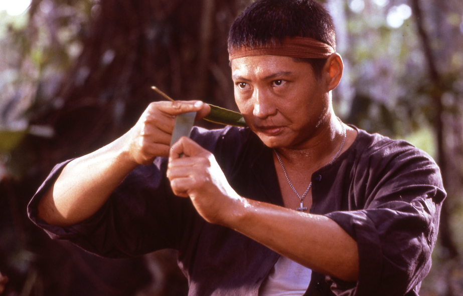 Tung Ming-Sun (Sammo Hung) steht in Operation Eastern Condors im Dschungel und hat ein Kokosblatt so in der Hand, dass er es zu einem Geschoss umfunktionieren kann.