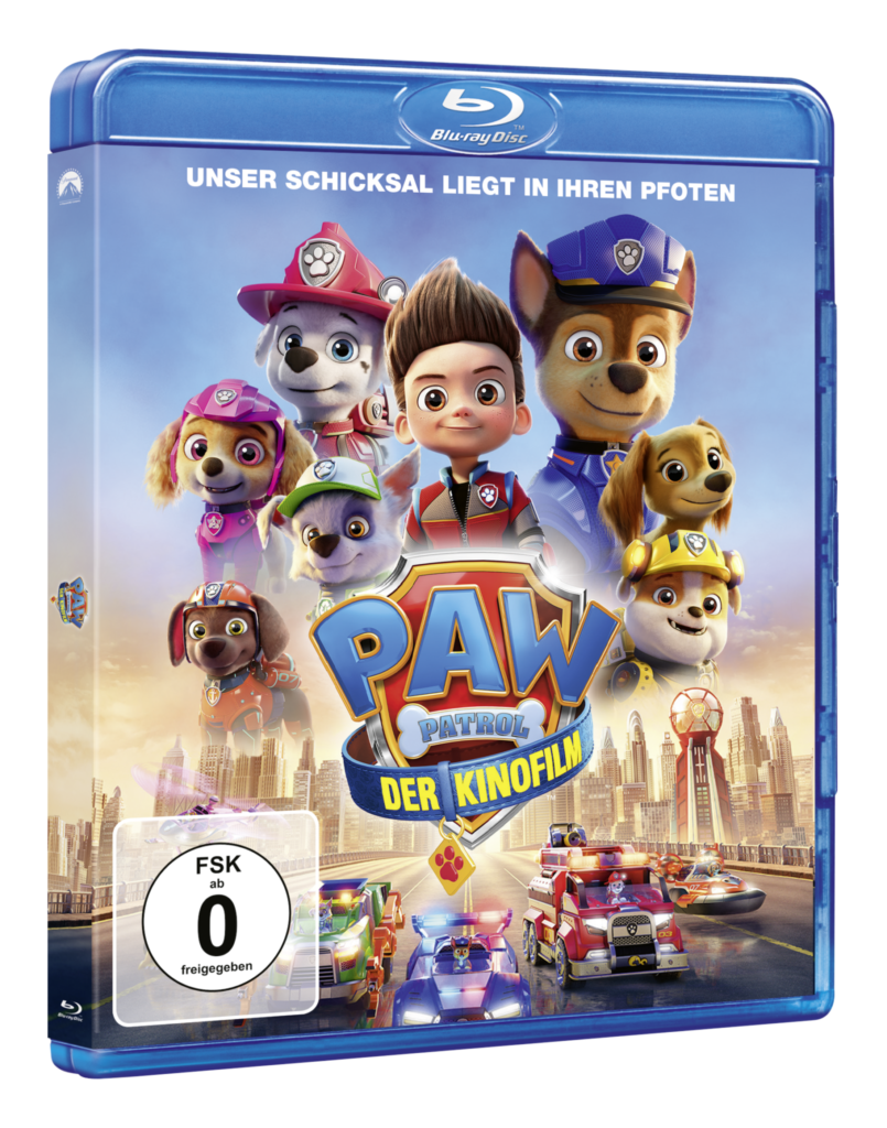 Das deutsche Blu-ray Cover zu "PAW Patrol - Der Kinofilm" zeigt mittig das Filmlogo bzw. den Filmtitel. Oberhalb sind die Mitglieder der PAW Patrol zu sehen und unterhalb erneut, dieses Mal aber mit ihren Einsatzfahrzeugen.